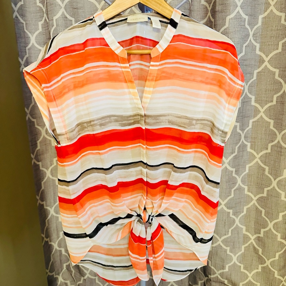 Chico's Multicolor Striped Tie-Front Blouse